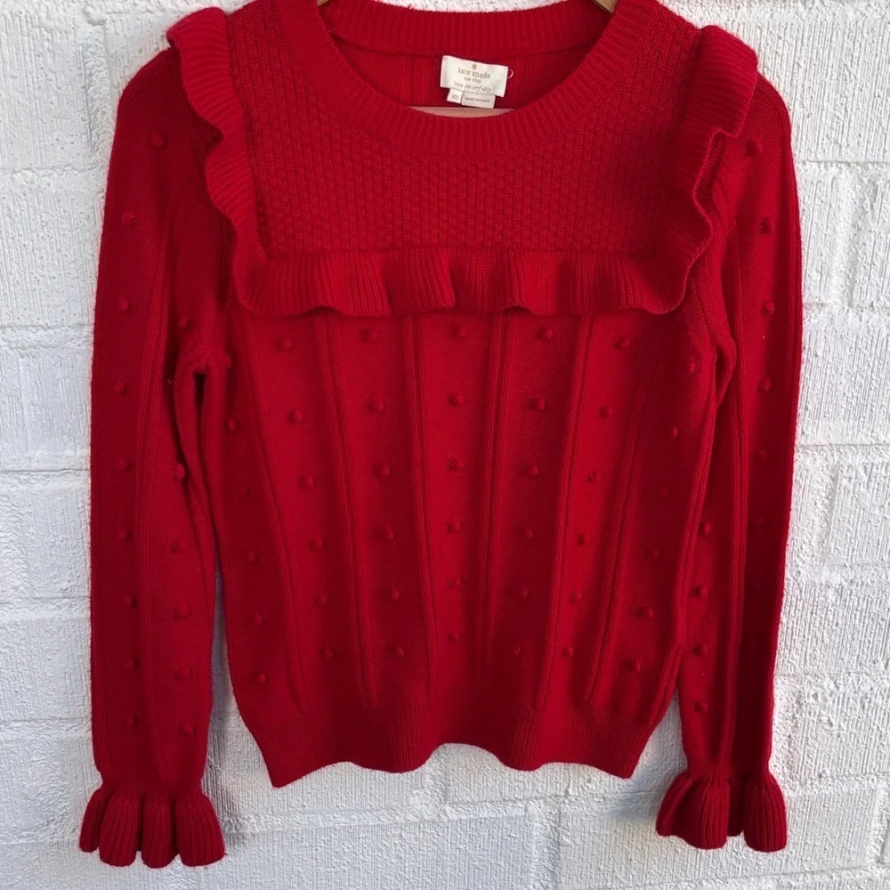 Kate Spade Wool RuffleYoke Textured Vibrant Red Sweater sz XS